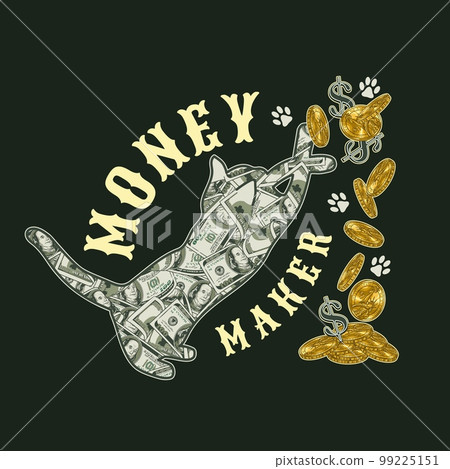 Label with cat playing with coins, dollar sign 99225151