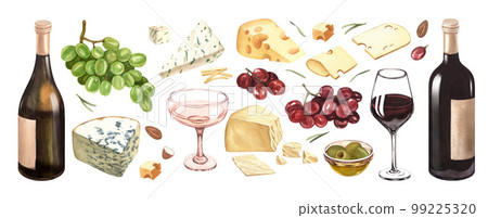 Watercolor wine and cheese.Bottle and wineglass, grapes and different cheese.Hand-drawn illustration isolated on white background. Concept for wine list, label, banner, menu, flyer, brochure template Watercolor wine and cheese.Bottle and wineglass, grapes and different cheese.Hand-drawn illustration isolated on white background. Concept for wine list, label, banner, menu, flyer, brochure template 99225320