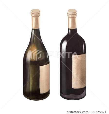 Watercolor illustration of the two bottle red and white. Picture of a alcoholic drink isolated on the white background. Concept for wine list, label, banner, menu, brochure template. 99225321