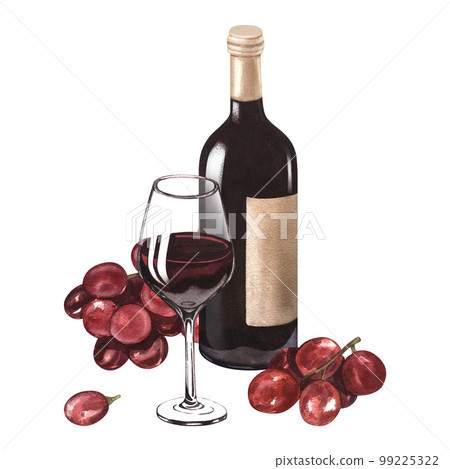 Watercolor illustration of the red wine bottle, wineglass and grape. Picture of a alcoholic drink isolated on the white background. Concept for wine list, label, banner, menu, brochure template. 99225322