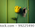 A yellow tulip against a green damaged wall, generative Ai 99225490