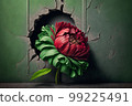 A red peony flower with green leaves against a hole in a wall, generative Ai 99225491