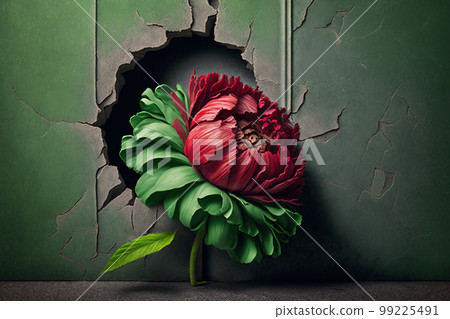 A red peony flower with green leaves against a hole in a wall, generative Ai 99225491