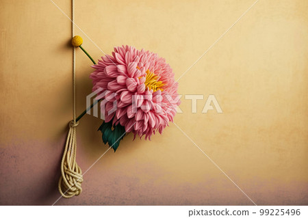A pink dahlia against a yellow wall, generative Ai 99225496