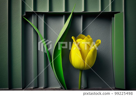 A yellow tulip against a green abstract wall, generative Ai 99225498