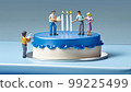 Miniature people on a blue birthday cake with candles, generative Ai 99225499
