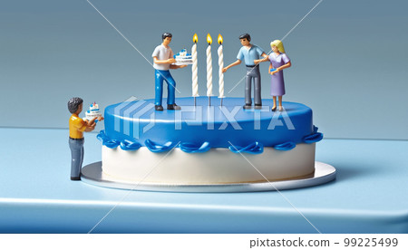 Miniature people on a blue birthday cake with candles, generative Ai 99225499