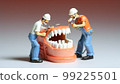 Miniature people repairing a set of false teeth, generative Ai 99225501