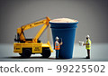 Miniature people workers beside a coffee cup and a crane, generative Ai 99225502