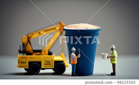 Miniature people workers beside a coffee cup and a crane, generative Ai 99225502