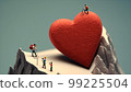 Miniature people climbing a mountain to a red heart, generative Ai 99225504