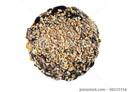 Chocolate cake with nuts isolated on a white background. Top view Chocolate cake with nuts isolated on a white background. Top view 99225556