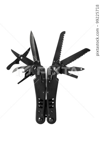 Multifunctional folding knife isolated on white. Close-up 99225718