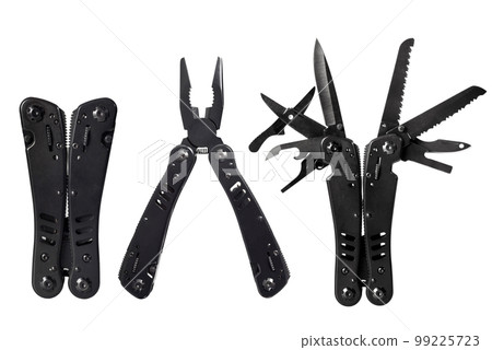 Black multipurpose folding knife isolated on white Black multipurpose folding knife isolated on white 99225723