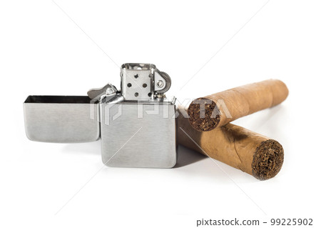 Cigars and metal lighter on a white isolated background Cigars and metal lighter on a white isolated background 99225902