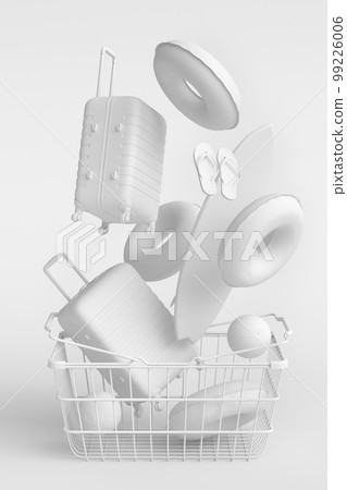 Colorful luggage with beach accessories and shopping basket on monochrome Colorful luggage with beach accessories and shopping basket on monochrome 99226006