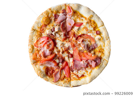 Tasty pizza with tomatoes, mushrooms and bacon isolated on a white background. View from above 99226009