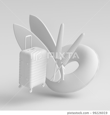 Colorful surfboard, beach ring, umbrellas and lugagge on monochrome 99226019