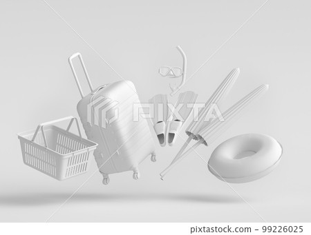Colorful luggage with beach accessories and shopping basket on monochrome Colorful luggage with beach accessories and shopping basket on monochrome 99226025