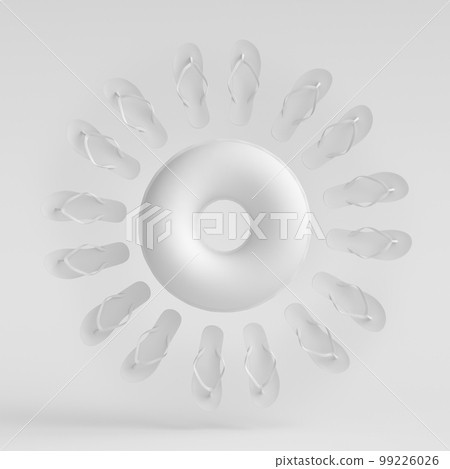 Colorful inflatable ring and flip flops like sun on monochrome background Colorful inflatable ring and flip flops like sun on monochrome background 99226026