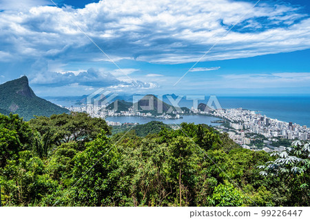 View from Vista Chinesa of Guanabara Bay, Christ Redeemer and Sugarloaf mountain in Rio de Janeiro, Brazil 99226447