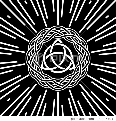Triquetra, Trinity Knot, Wiccan symbol for protection. Vector white Celtic trinity knot set isolated on black background. Logo circle Wiccan divination symbol, Ancient tattoo occult symbols 99226504