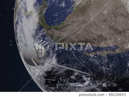 3D rendering of a satellite orbiting the earth. 3D illustration. Elements of this image where furnished by NASA. 99226641