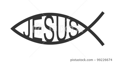 Jesus fish. Ichthys icon. Bible symbol. Secret shibboleth in Christian religion isolated on white background. Emblem for car bamper, pendant, necklace Jesus fish. Ichthys icon. Bible symbol. Secret shibboleth in Christian religion isolated on white background. Emblem for car bamper, pendant, necklace 99226674