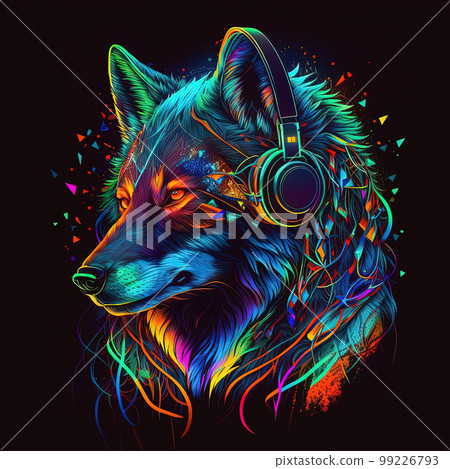 Party wolf in headphones listening music on black background. Pop art style with paint splashes in neon colors. Generative AI 99226793