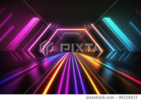 Wall with colorful neon led light futuristic shapes on dark background. Abstract background with glow. 3D Wall with colorful neon led light futuristic shapes on dark background. Abstract background with glow. 3D 99226815
