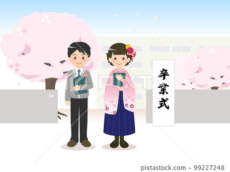 A boy and a girl standing at the school gate at the elementary school graduation ceremony 1 99227248