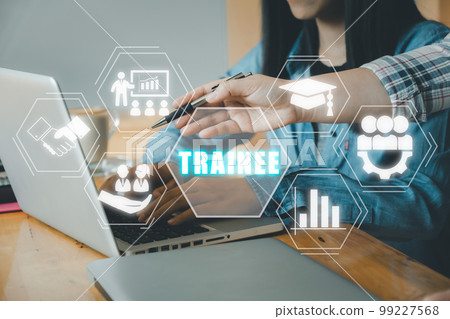 Trainee program and apprenticeship on the Job Training Concept, Business team using laptop computer with trainee icon on virtual screen background, training, mentor, support. 99227568