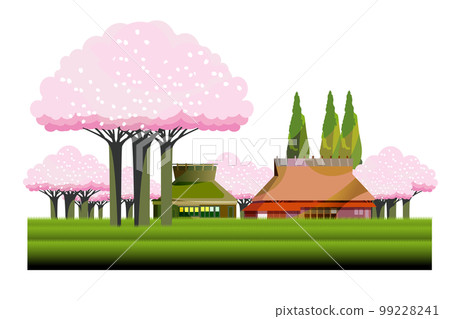 A gentle spring mountain village landscape with cherry blossoms and an old folk house. 99228241