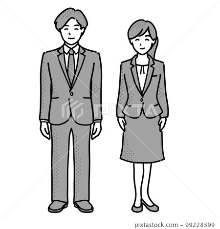Male and female illustrations in suits, whole body monochrome Male and female illustrations in suits, whole body monochrome 99228399