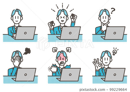 筆記本電腦和年輕男性商務人士的情緒表達變化[矢量插圖素材] 99229664