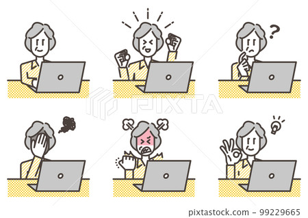 筆記本電腦和高級女性的情緒表達變化[矢量插圖素材] 99229665