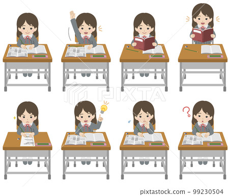 一個穿著制服的女孩面對她的辦公桌各種姿勢 一個穿著制服的女孩面對她的辦公桌各種姿勢 99230504