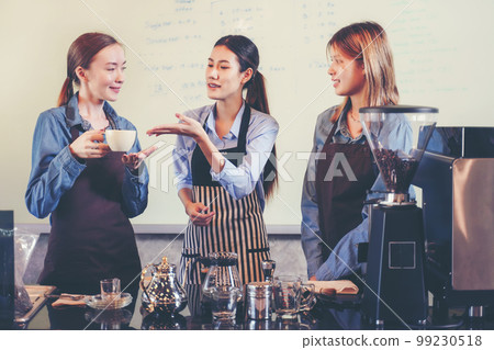Group woman people leaning and education workshop for classes barista coffee in cafe room Group woman people leaning and education workshop for classes barista coffee in cafe room 99230518