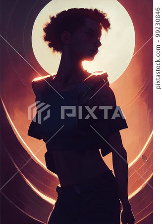 Abstract portrait of a cyberpunk girl. High-tech futuristic woman from the future. Concept of virtual reality and cyberpunk. 3D rendering. 99230846