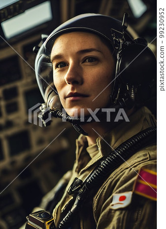 A military fighter pilot in the cockpit of his plane, wearing a helmet and goggles. 3D rendering. 99230952