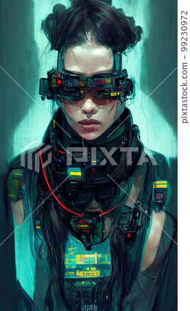 Portrait of a girl in a futuristic cyberpunk - Stock Illustration  [99230972] - PIXTA