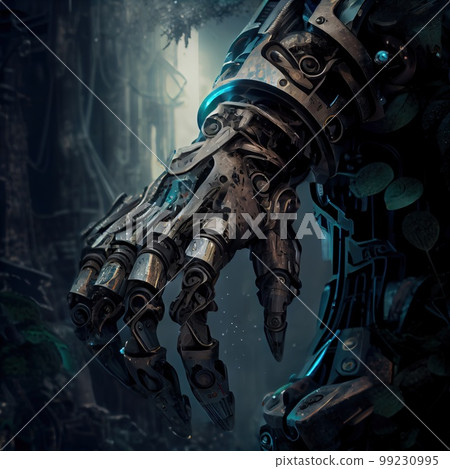 Portrait of a futuristic warrior robot. An artistic abstract cyberpunk fantasy. Concept of a modern robot. Generative AI Art 99230995