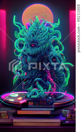 Portrait of an octopus DJ playing music. Octopus DJ at the disco. Portrait of an octopus DJ playing music. Octopus DJ at the disco. 99231008