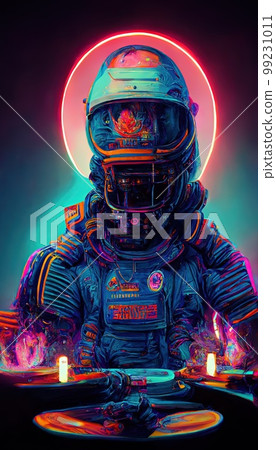 Portrait of an astronaut DJ playing music. Astronaut DJ at the disco. Portrait of an astronaut DJ playing music. Astronaut DJ at the disco. 99231011