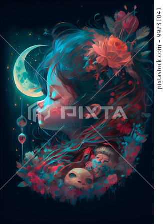 Abstract portrait of a little sleeping girl. Abstraction with a child. Generative AI Abstract portrait of a little sleeping girl. Abstraction with a child. Generative AI 99231041