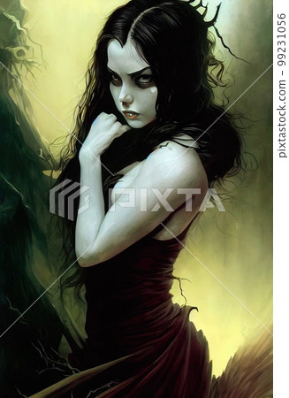 A fictional person, not based on a real person. Mystical creepy woman with frightening makeup. Gothic mystery woman. 3D rendering 99231056