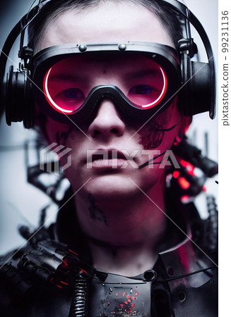 Portrait of a man wearing a cyberpunk headset, neon virtual glasses, and cyberpunk gear. A high-tech futuristic man from the future. The concept of virtual reality and cyberpunk. 3D rendering. Portrait of a man wearing a cyberpunk headset, neon virtual glasses, and cyberpunk gear. A high-tech futuristic man from the future. The concept of virtual reality and cyberpunk. 3D rendering. 99231136