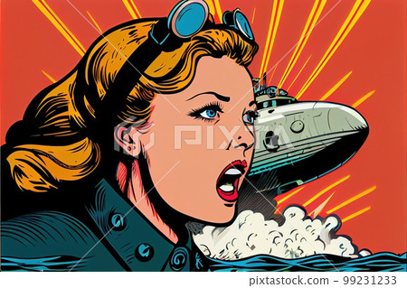 Happy young attractive woman in a Marine captain's uniform against the background of a military submarine. Generative AI 99231233