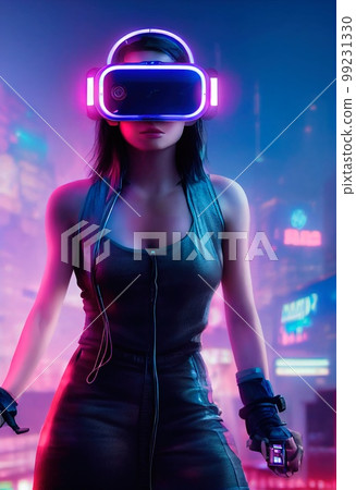 Fictional portrait of a sci-fi cyberpunk girl. High-tech futuristic woman from the future. The concept of virtual reality and cyberpunk. 3D render. 99231330