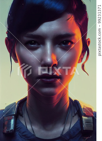 Abstract portrait of a cyberpunk girl. High-tech futuristic woman from the future. Concept of virtual reality and cyberpunk. 3D rendering. Abstract portrait of a cyberpunk girl. High-tech futuristic woman from the future. Concept of virtual reality and cyberpunk. 3D rendering. 99231371